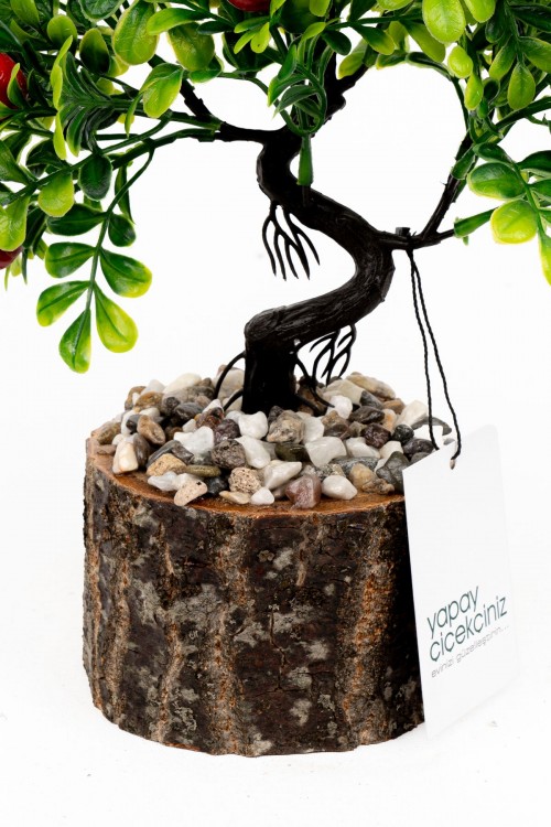 Taş Detaylı Odun Saksıda Yapay Bonsai Ağacı