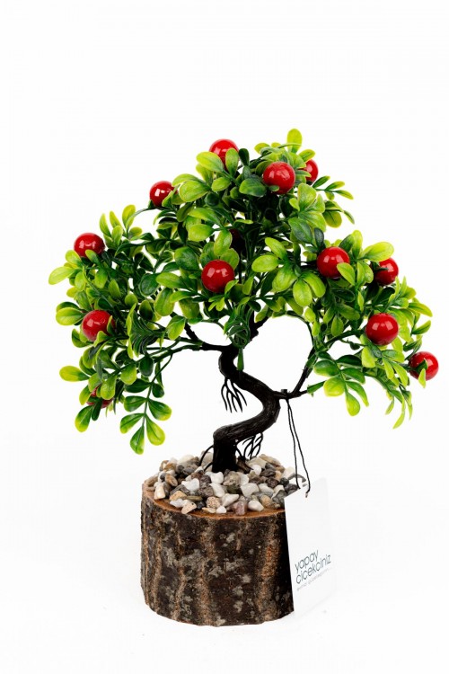 Taş Detaylı Odun Saksıda Yapay Bonsai Ağacı