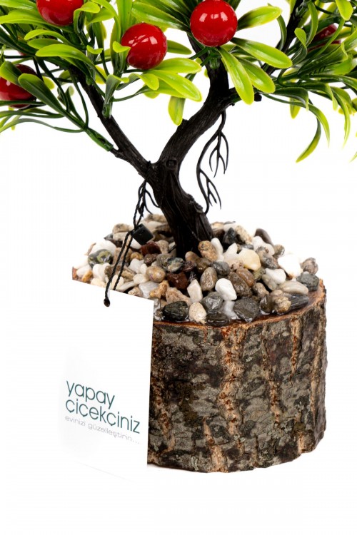 Taş Detaylı Odun Saksıda Yapay Bonsai Ağacı