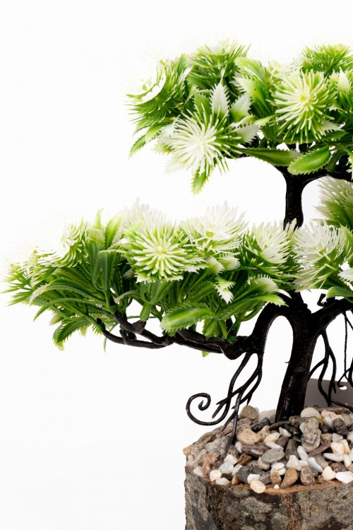 Taş Detaylı Odun Saksıda Yapay Bonsai Ağacı