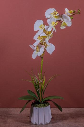 Beyaz Renkli Saksıda Tek Dal Yapay Islak Orkide
