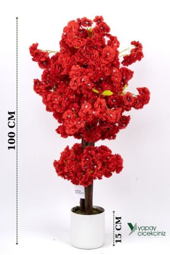 Çim Detaylı Beyaz Saksıda Kırmızı Renkli 100 cm Yapay Salon Bitkisi