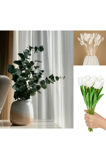 Dekoratif 3’lü Set: 8’li Yapay Lale Demeti + Okaliptus Demeti + 3’lü Pamuk Otu – Salon & Masa Çiçek Aranjmanı