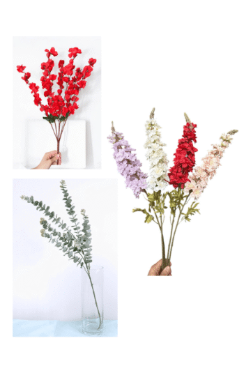 Lüks Yapay Çiçek Aranjman Seti – 1 Adet Okaliptus Dalı + 3 Adet Şebboy Çiçeği + 7 Dallı Kırmızı Bahardalı Demeti