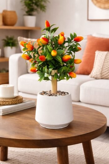 Beyaz Beton Saksıda 35 cm Yapay Kumkat Ağacı Taş ve Bambu Detaylı