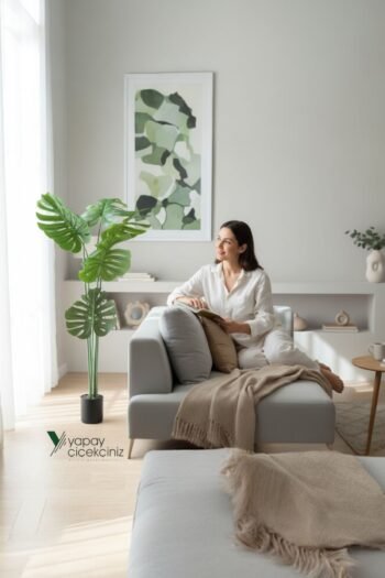 150 cm 7 Dallı Islak Dokulu İri Yapraklı Lüks Yapay Monstera Deve Tabanı Ağacı