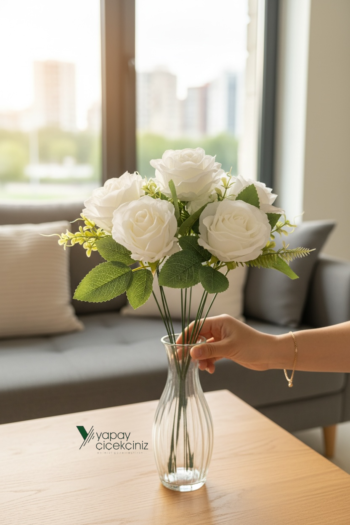 45 Cm Yapay Çiçek Demeti  9 Dallı Gül ve Ortanca Yapay Çiçek Aranjmanı