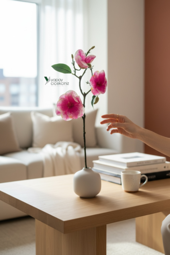 55 cm Islak Dokulu İri Yapraklı Yapay Manolya Dalı – Dekoratif Yapay Çiçek