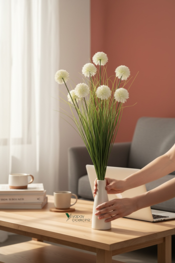 90 cm Yoğun Yapraklı Yapay Ponpon Çiçeği Demeti – Dolgun Görünümlü Dekoratif Yapay Vazo Çiçeği