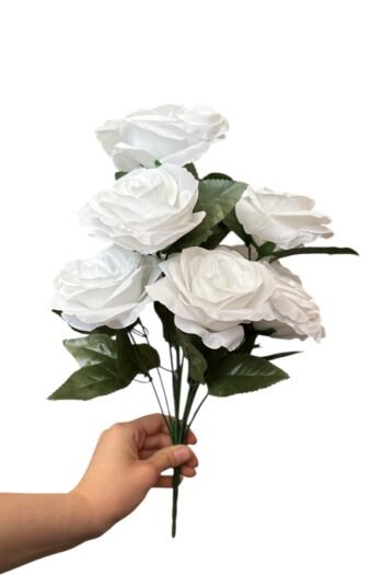 Dekoratif Kumaş Dokulu Beyaz Gül Demeti 10 Dal